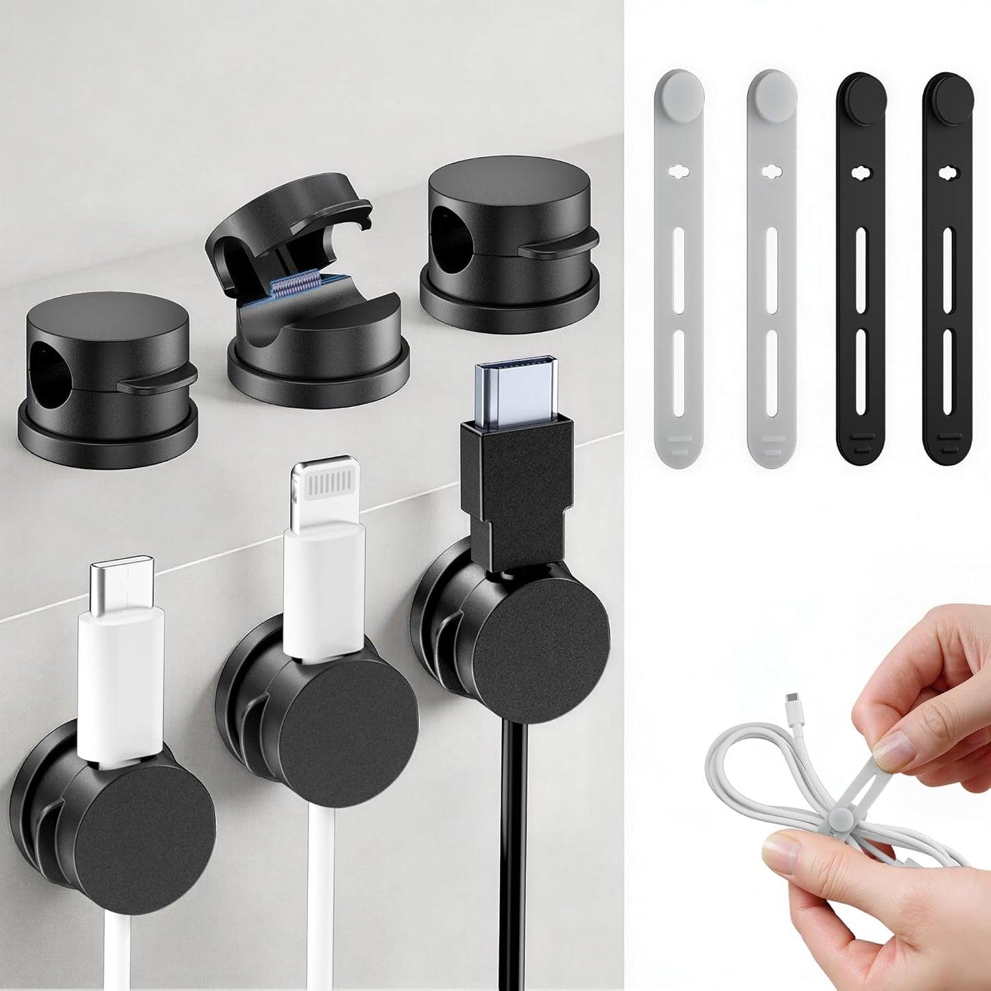 360° Rotatable Cord Organizer Set: 10 Pack Cable Holders & Silicone Cable Straps, Adhesive Wire Fixer for Desk Phone Charger, Nightstand Cable Management for Home Travel Office Accessories Black