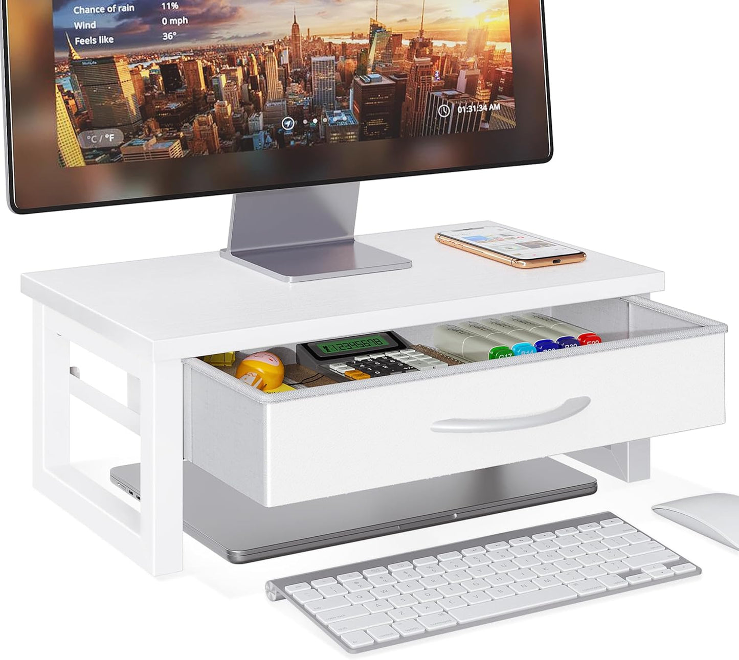 Computer Monitor Stand Riser, Desk Organizers and Accessories with Drawer, 2-Tier Laptop Stand for Desk, Office Organizer Storage, Wood