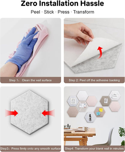 Hexagon Cork Board Alternative 10 Pack Felt Bulletin Board Tiles for Wall Decor, 12" Self-Adhesive Frameless Pin Board with 50 Push Pins for Office, Classroom, Home, Vision Board, Message Center