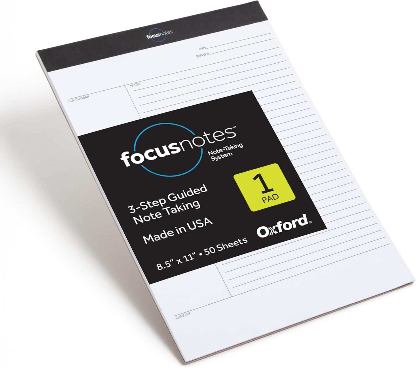 Oxford FocusNotes Writing Pad, Clear Note-Taking System, 8.5 x 11 Sheets, Guided Note, Cue & Summary Sections, 50 Sheets, Professional School and Office Notepad, Proudly Made in the USA
