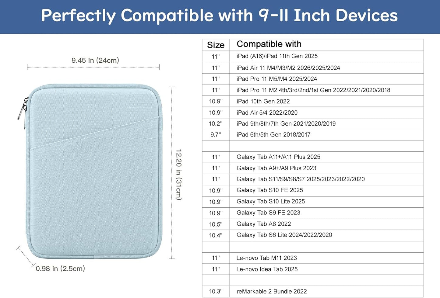 Dadanism 9-11" Tablet Sleeve Bag Carrying Case for iPad (A16) 11th Gen 11", iPad 10th Gen 10.9" Air 5/4, iPad Air M4/Pro 11", iPad 9/8/7th, Galaxy Tab A11+ Plus 11", Remarkable 2 10.3", Black