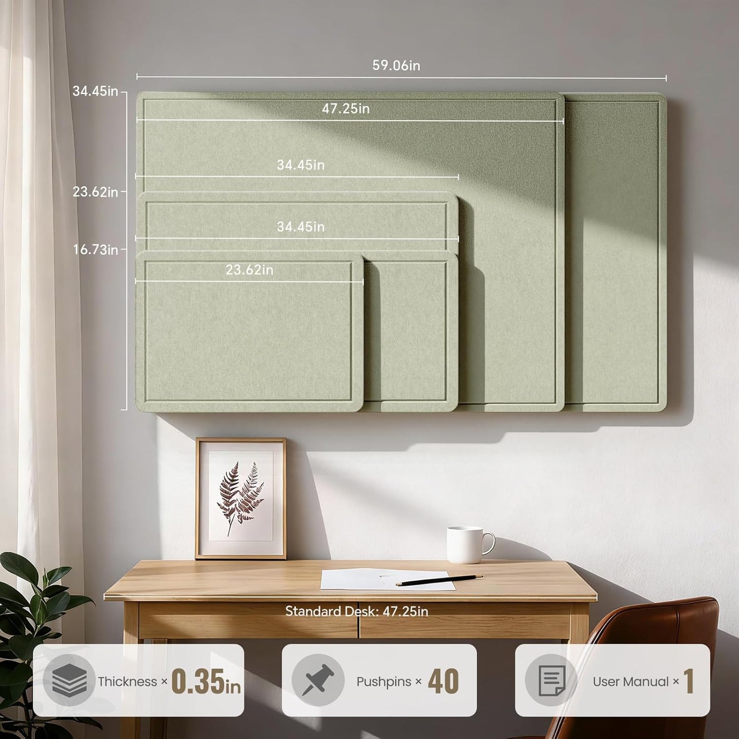 Large Bulletin Board, 35 X 17 Inches Felt Cork Board with 40 Pushpins, Foldable Felt Notice Pin Board Photo Display Board with Self-Adhesive Tape for Office Home School (Oatmeal, 35x17 inch)