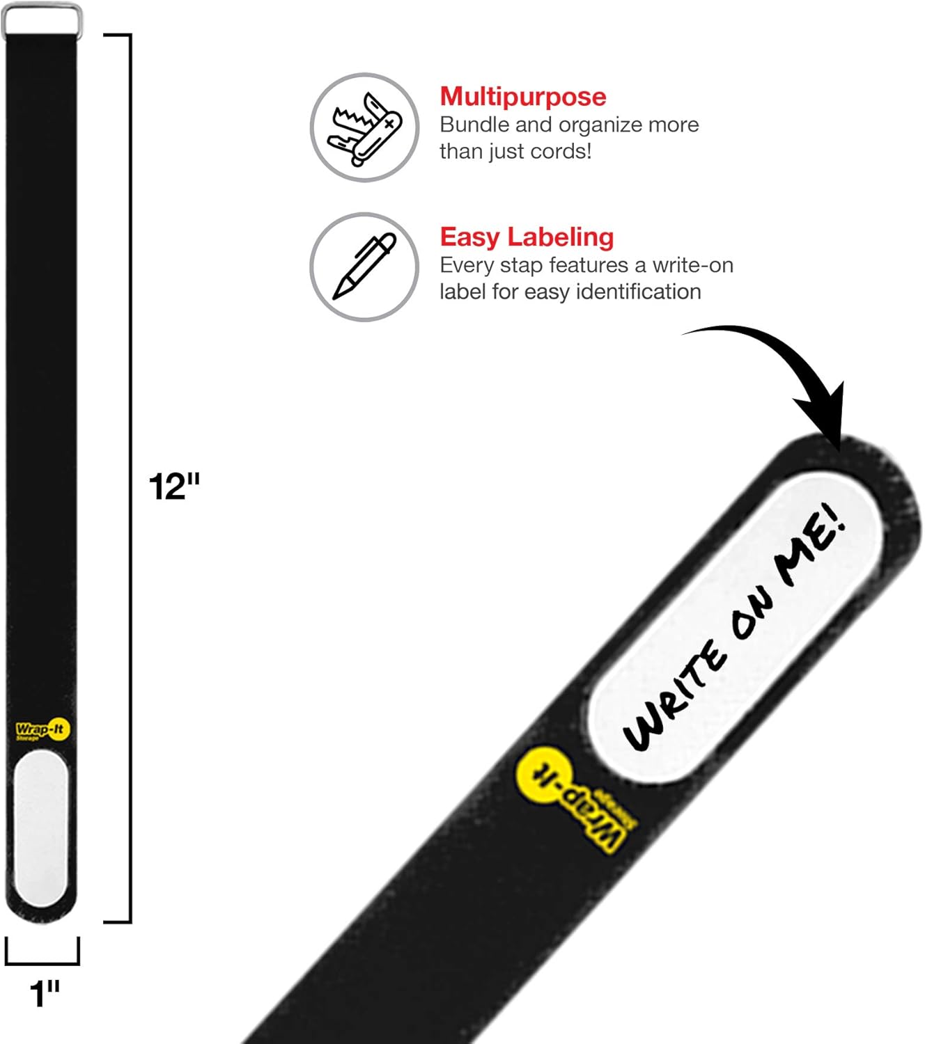 Wrap-It Storage Cinch-Straps, 5-in (20-Pack) Black - Hook and Loop Strap with Write on Label for Easy Cord Identification and Cable Management