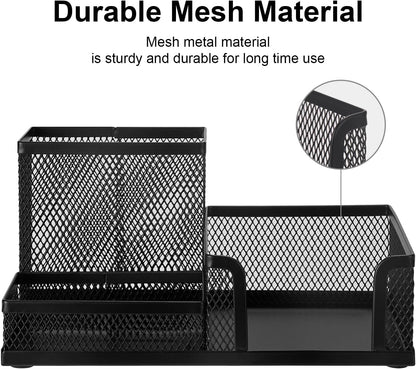 Comix 360° Rotating Pen Holder for Desk, 5 Compartments Office Desk Organizer, Black Mesh Metal Pencil Holder Cup for Office Home School