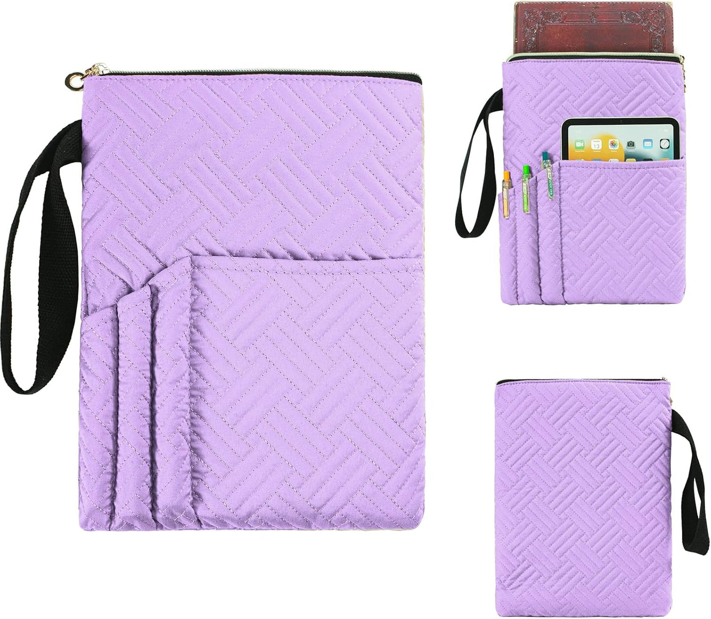 APLUFINE Book Sleeve with Zipper, 11"X9" Padded Book Protector, Washable Quilted Book Covers for Paperbacks, Book Pouch with Pockets for Book Lover Gifts