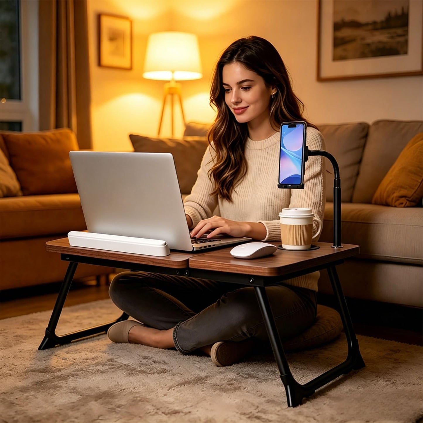 Foldable Lap Desk for Bed and Sofa, Portable Laptop Desk with Gooseneck Phone Stand, Cup Holder & Mouse Pad Extension, Extra Large Bed Desk Tray fits up to 17" Laptops (Walnut)