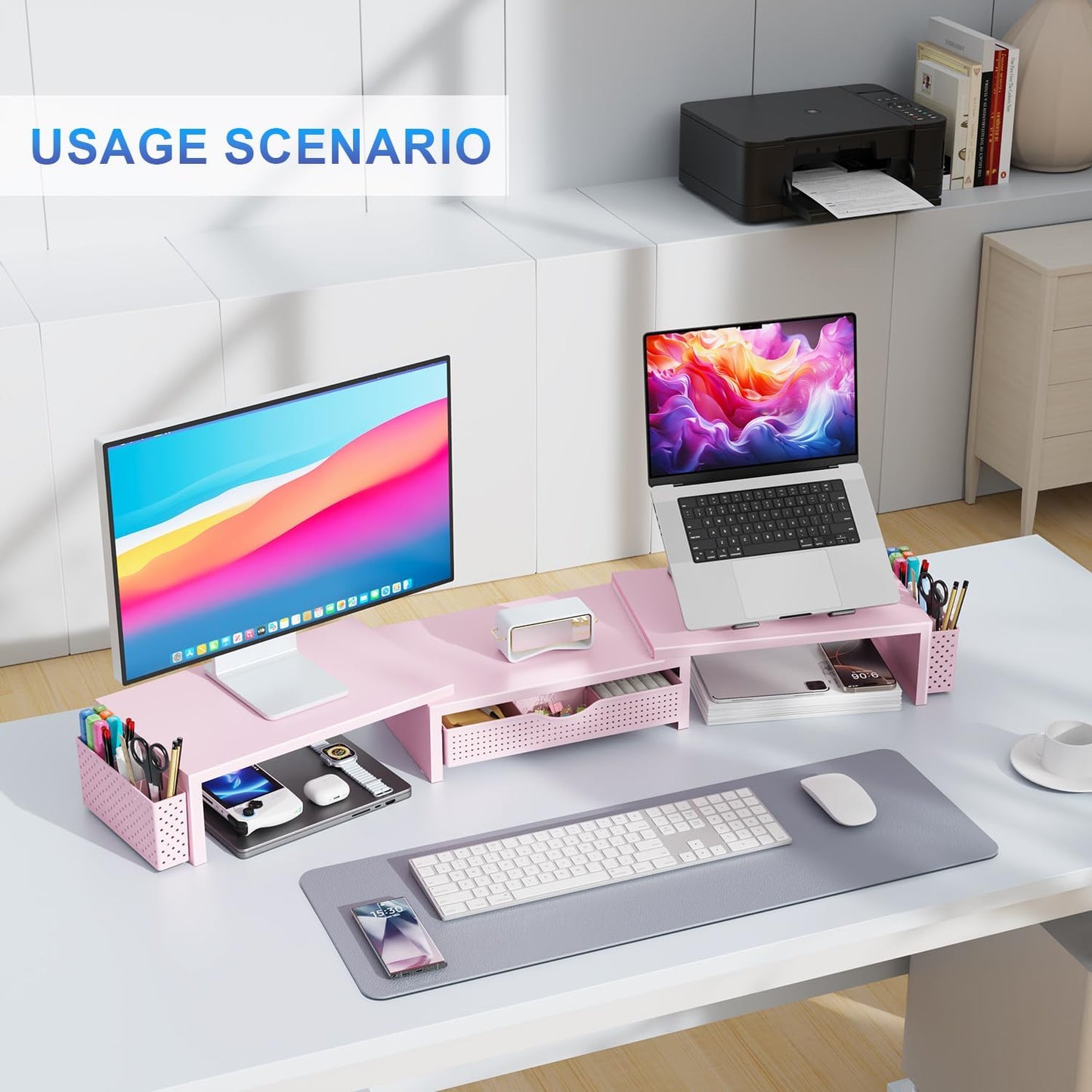 gianotter Dual Monitor Stand Riser, Desk Organizer With Drawer and 2 Pen Holders,Computer Monitor Stand, Desk Shelf for Top of Desk, Wood