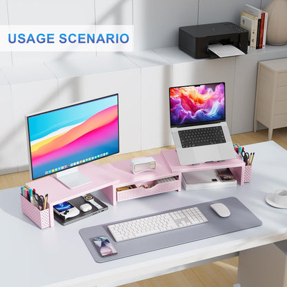 gianotter Dual Monitor Stand Riser, Desk Organizer With Drawer and 2 Pen Holders,Computer Monitor Stand, Desk Shelf for Top of Desk, Wood