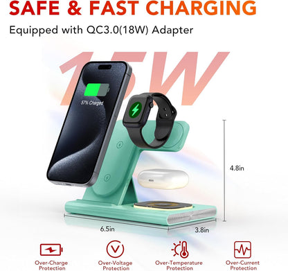 3 in 1 Foldable Charging Station for Apple Products,Wireless Charger for iPhone 17 16 15 14 13 12 Pro Max,Travel Dock Adapter&Light for iWatch Series 11 10 9 Ultra 3/2 SE 3/2,for AirPods 4 3 2 Pro 3/2