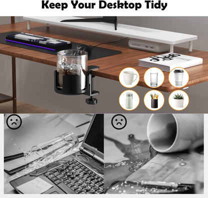 Large Desk Cup Holder Clamp， Anti-Spill Cup Holder for Your Desk or Table,Cup Holder Inner Diameter 9.5cm，Capacity 5kg/11lb Compatible with Universal Cup, Bottles(Black) (Desk Cup Holder)