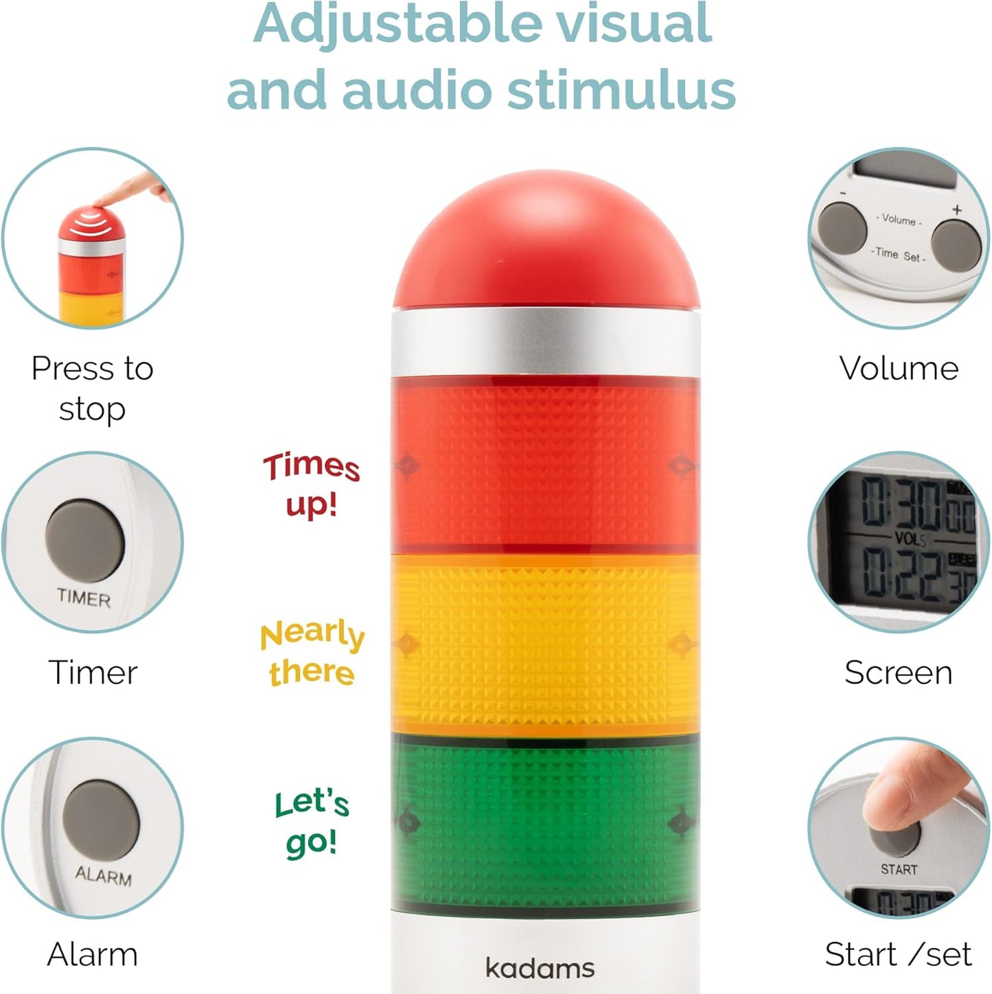 KADAMS Visual Timer for Kids with Audio Pre-Alarm - Traffic Light Alarm for Kids Toddler Teachers Classroom Home Time Management Tool 24hr Countdown Pause Memory Function