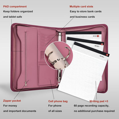 Leathario Portfolio Binder, Includes 10 Sheet Protectors and 3 Notepads, 3-Ring Folder Organizer, A4 Padfolio with Zipper, Vegan Leather Tablet Sleeve, Business Office Conference Clipboards