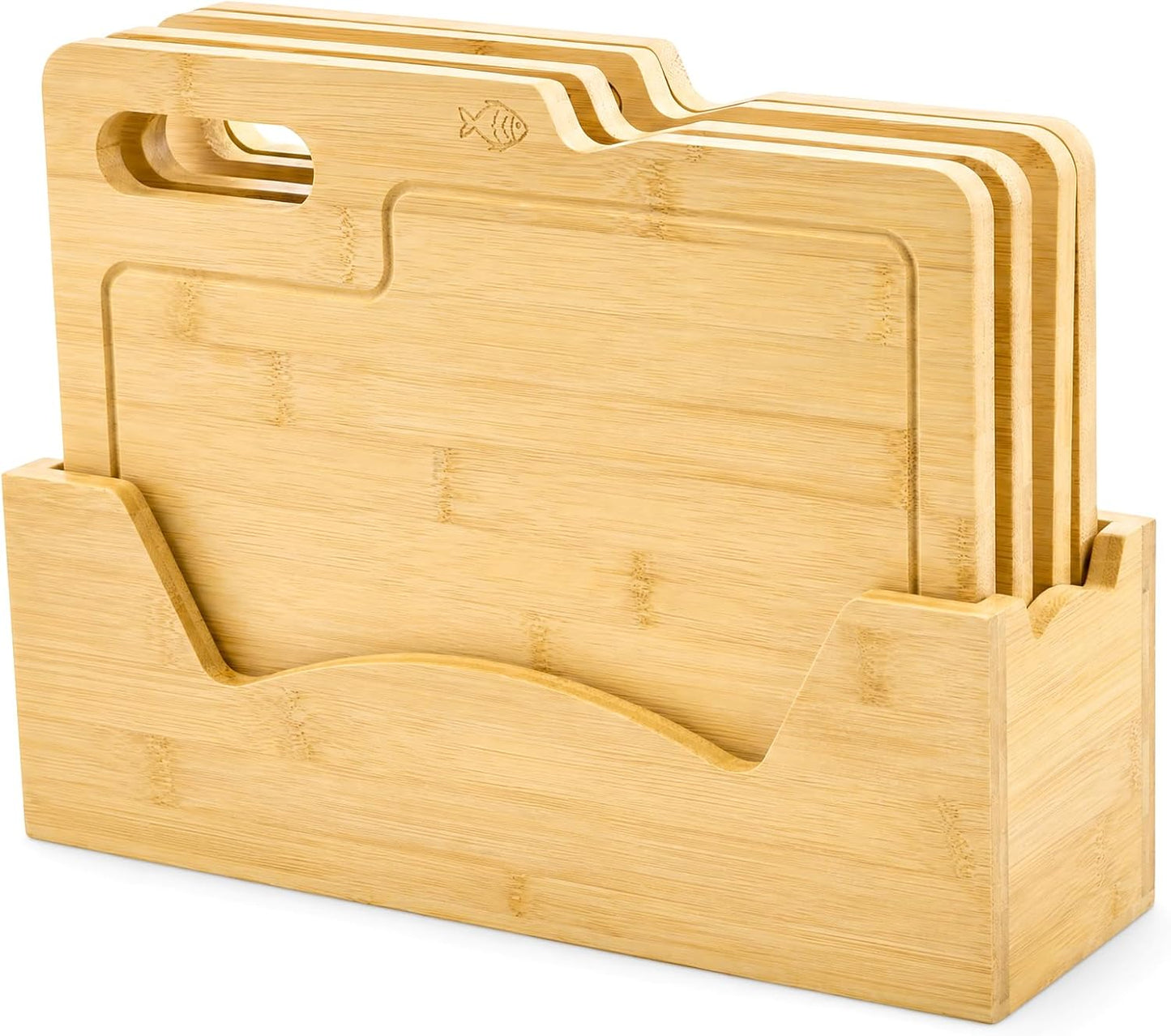 ZENFUN 4 Pack 12.5"L x 9.8"W Bamboo Cutting Boards with Holder, Wood Cutting Board Set, Chopping Boards Set with Food Icons, Kitchen Cutting Board Ideal for Meat, Fish, Bread, Vegetable, Fruit