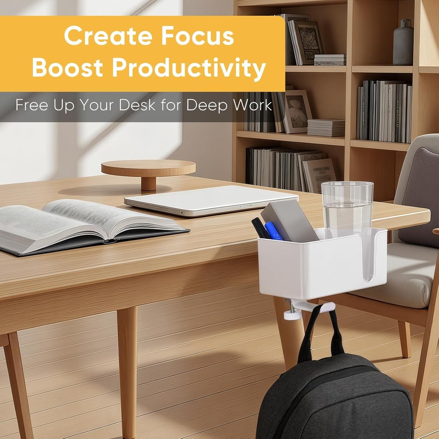 4-in-1 Clip On Desk Cup Holder, Fits up to 40oz cups - Mountable Holder with Adjustable Divider & 360° Rotating Hook - No Spill Clamp On Drink Holder Attachment - for Desk Chair Table Bed Tray - Black