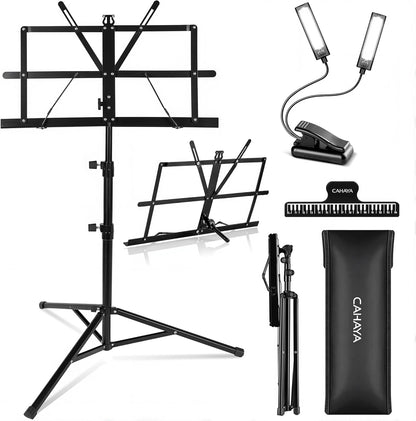CAHAYA Portable Sheet Music Stand: Dual Use Desktop Book Holder Folding Lightweight Extra Stable Reinforced with Carrying Bag and Clip for Students Musicians Height Adjustable up to 54.3" CMS0204