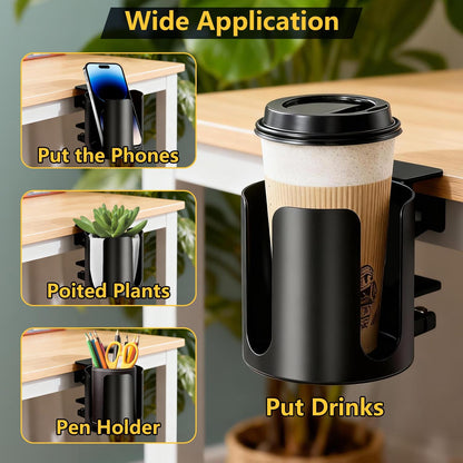 Desk Cup Holder Clip On 360° Rotating Clamp,Deeper Anti-Spill Drink Holders for Water Bottles & Coffee Mugs,Adjustable Clamp Fits Screw On Table for Drinks,Office,Gaming Desk,Home,Black