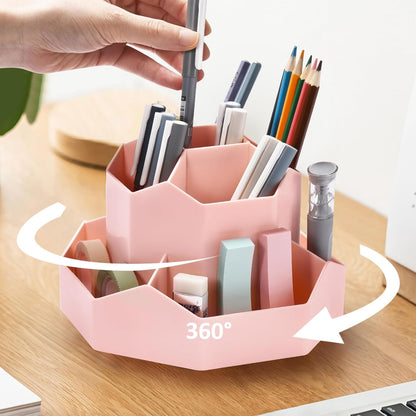 Rotating Desk Organizer, 360° Rotating Pencil Pen Holder for Desk, Desk Organizers and Accessories with 11 Slots Pencil Organizer, Art Supply Storage Box Caddy for Office (Beige)