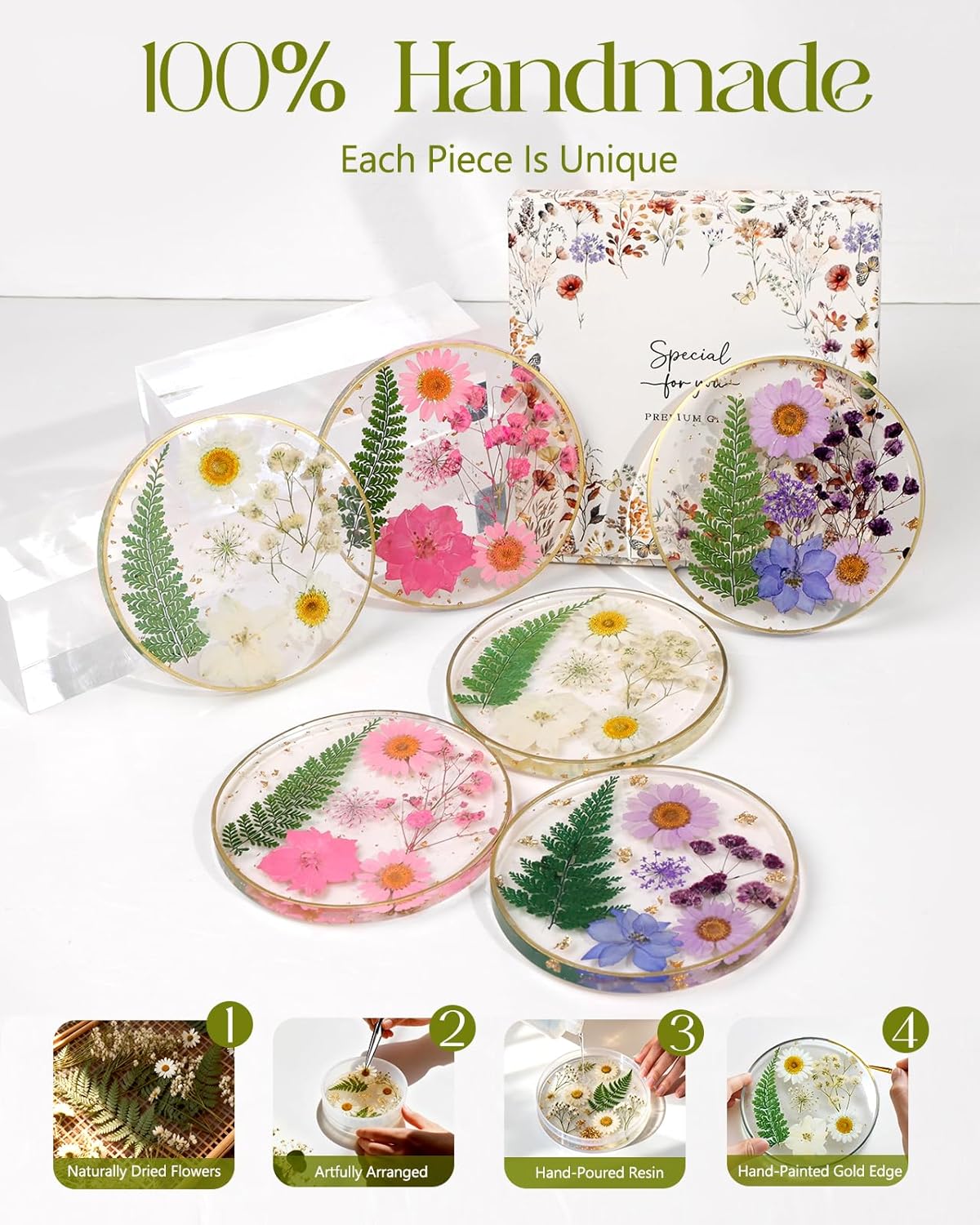 Oqplog Resin Drink Coaster for Desk Coffee Table-White Cute Dried Flowers Cup Coaster for Work Office Home Outdoor Decor Gifts for Girls Women,1 Pcs