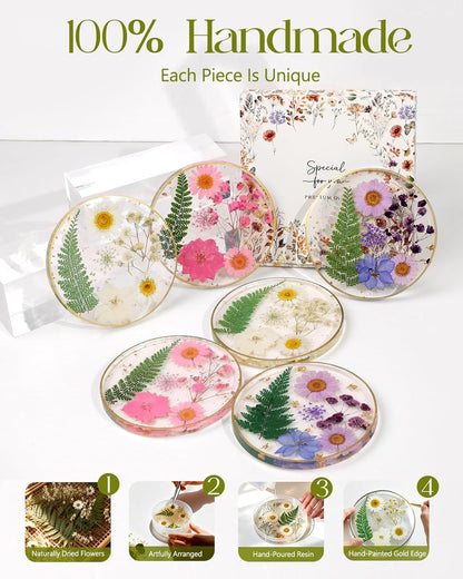 Oqplog Resin Drink Coaster for Desk Coffee Table-White Cute Dried Flowers Cup Coaster for Work Office Home Outdoor Decor Gifts for Girls Women,1 Pcs