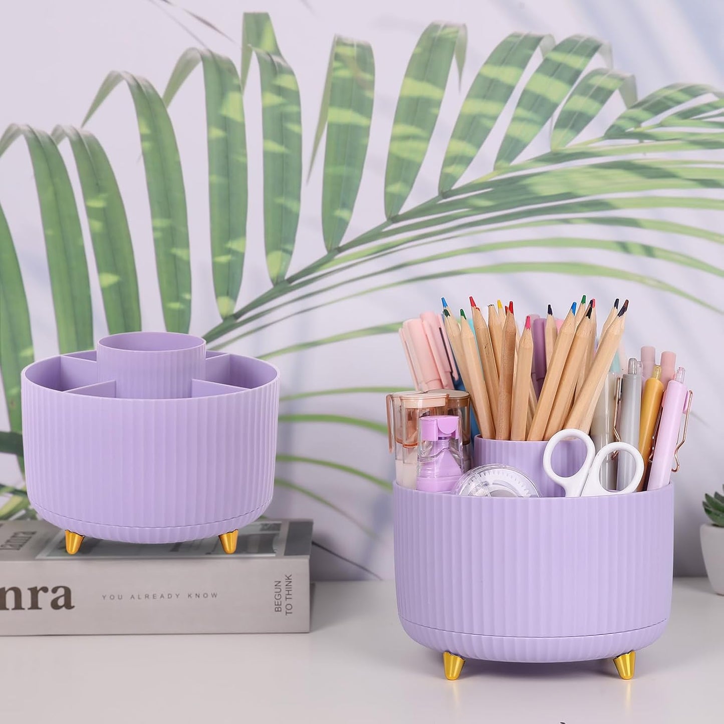 SKYDUE 360 Rotating Plastic Desk Pen Organizer with 5 Slots, Dual-Purpose Art Supply Pencil Cup for Office, School, Home
