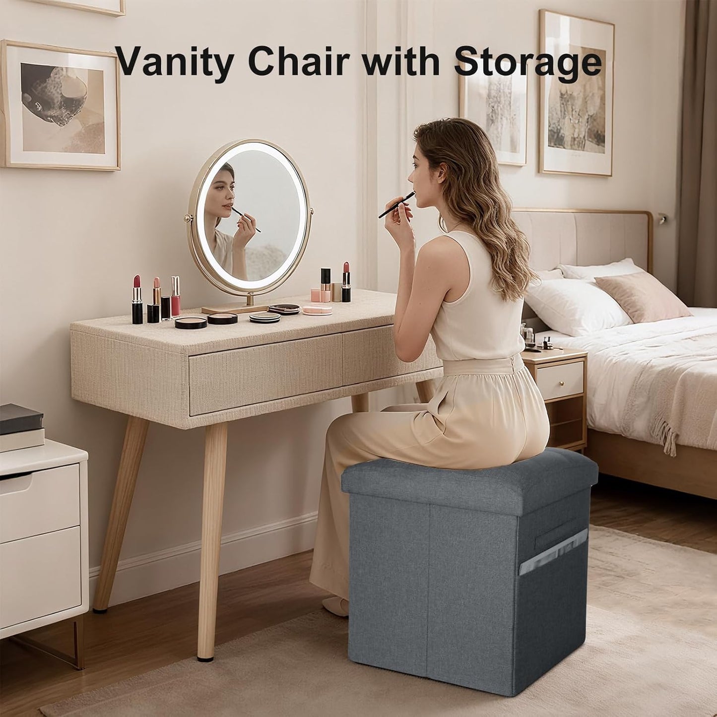 Storage Ottoman with Extra Thick Foam Padded Seat, Foldable Foot Rest Stool with Linen Fabric, 43L Ottoman with Storage Bench for Bedroom Living Room, Holds Up to 300lbs, 17x13x13in, Dark Gray