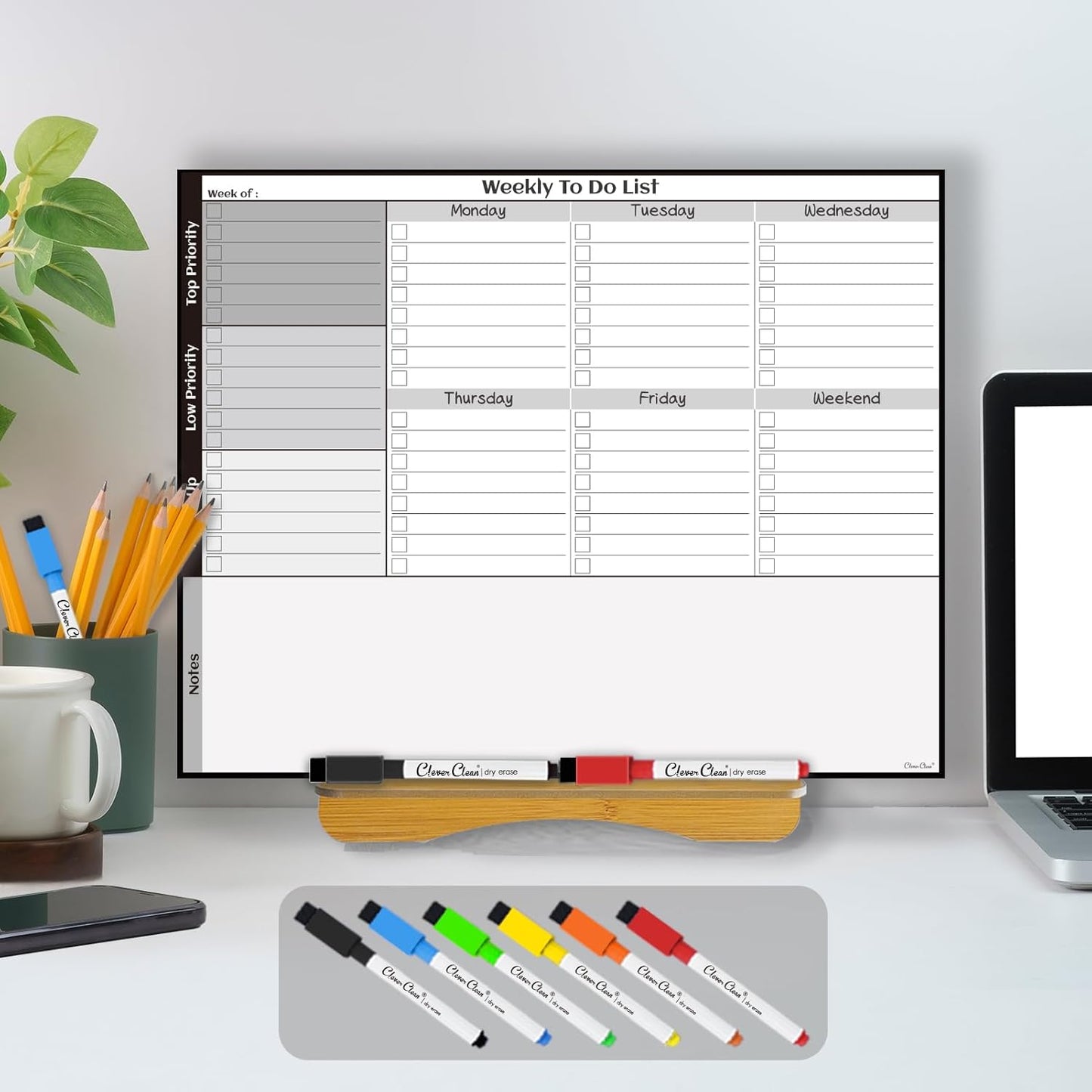 Dry Erase Desk Calendar Board - Reusable Desktop Weekly Planning Board, to-do List - 11.5"x14.5" Tabletop Dry Erase Board with Stand - 6 Markers Included