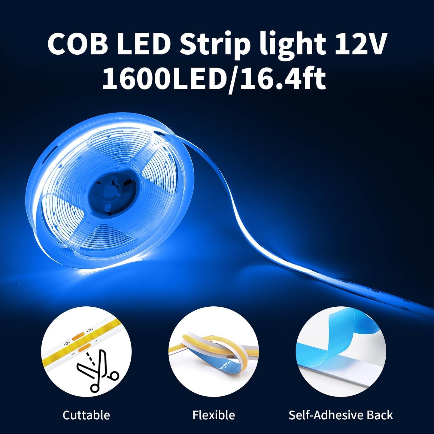 32.8FT/10M Blue COB LED Strip Light, 3200LEDS LED Tape Lights, High Bright CRI93+ Flexible Dimmable Light Strip for Bedroom TV Backlight Monitor Gaming Room Bar Decor(with Plug)