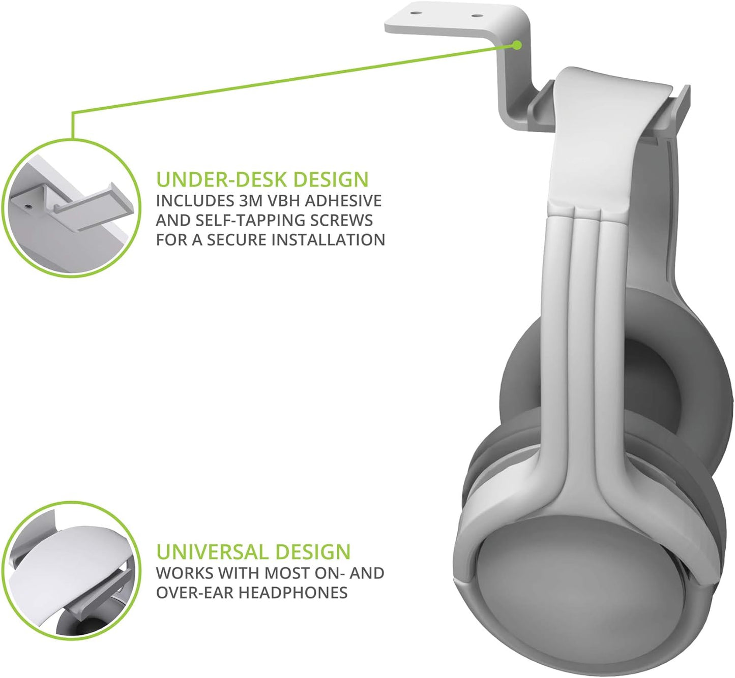 Kanto HHW Universal Under Desk Headphone Hook with Curved Padding | White