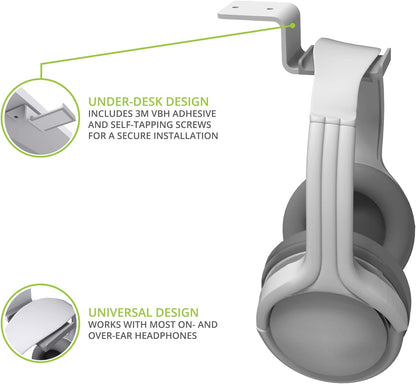 Kanto HHW Universal Under Desk Headphone Hook with Curved Padding | White