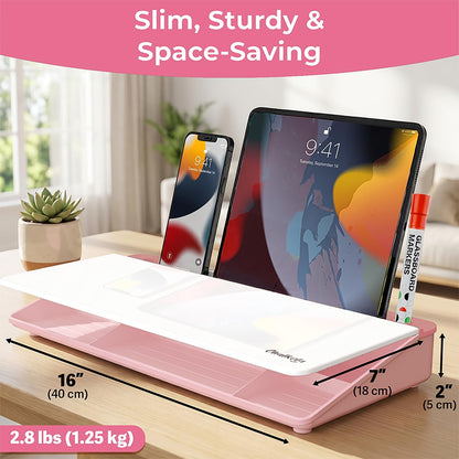 Chalkola Pink Glass Desktop Whiteboard with Storage - Dry Erase Board, Work Desk Organizers, Computer Keyboard Stand, Home Office Desk Accessories, Workspace Desktop Buddy