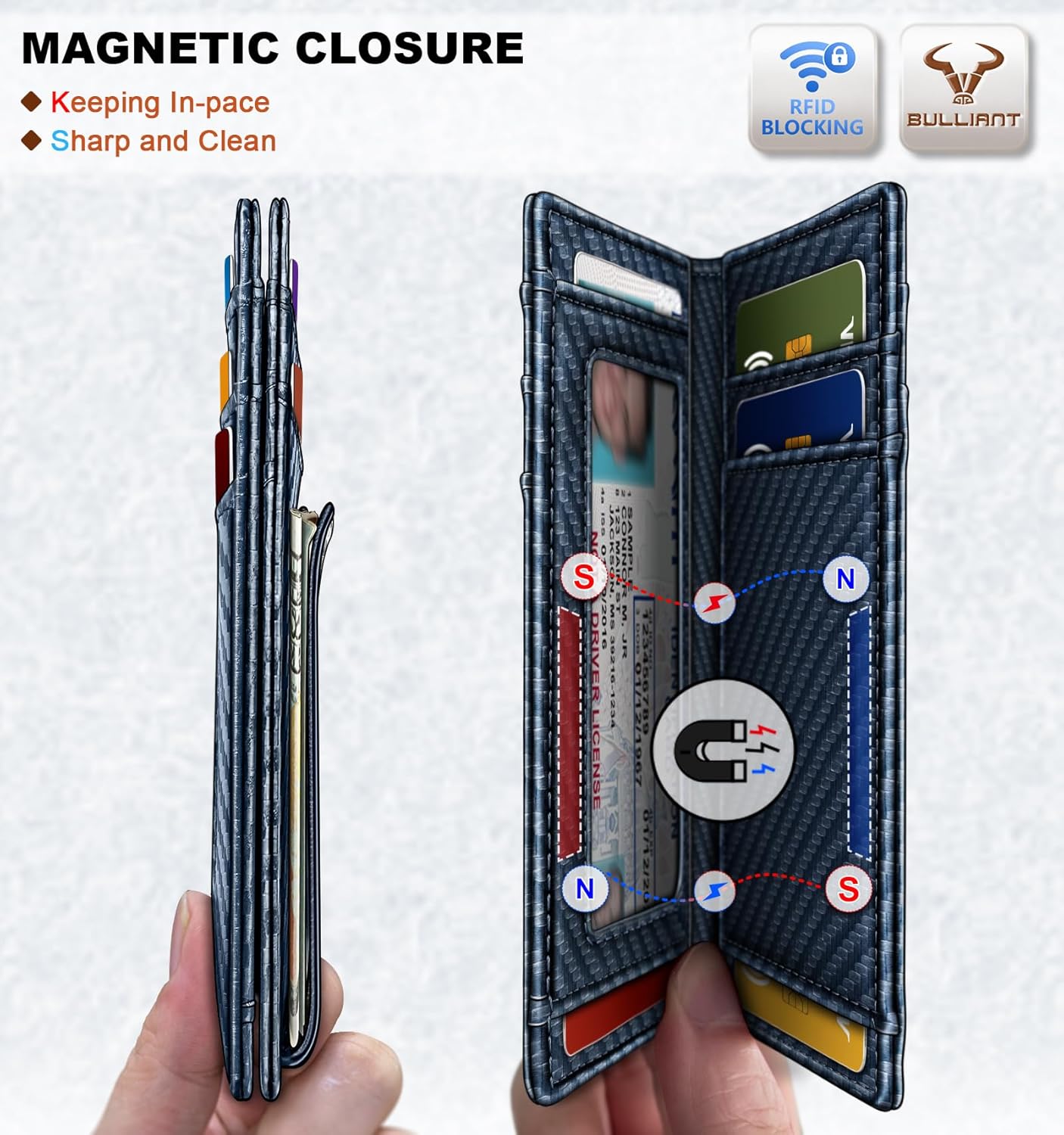 BULLIANT Men Airtag Wallet,Slim Wallet Money Clip Card Holder Magnetic Closure 12 Cards in Front Pocket RFID Blocking