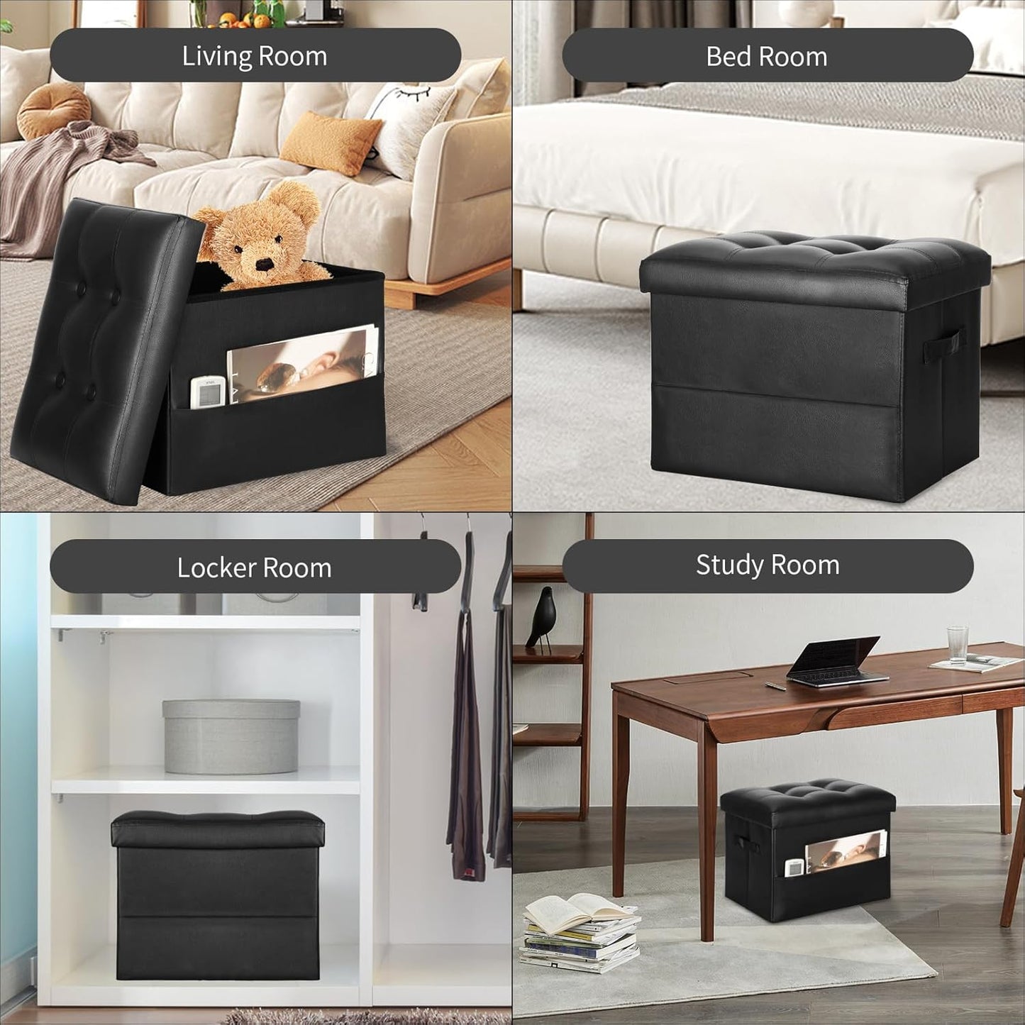 BelugaHelper Storage Ottoman Foot Rest Stool, Foldable Leather Footstool Storage Bench with Thicker Foam Padded Seat. Foot Rest Under Desk for Living Room Bedroom 350 lbs, 17x13x13 in, Brown