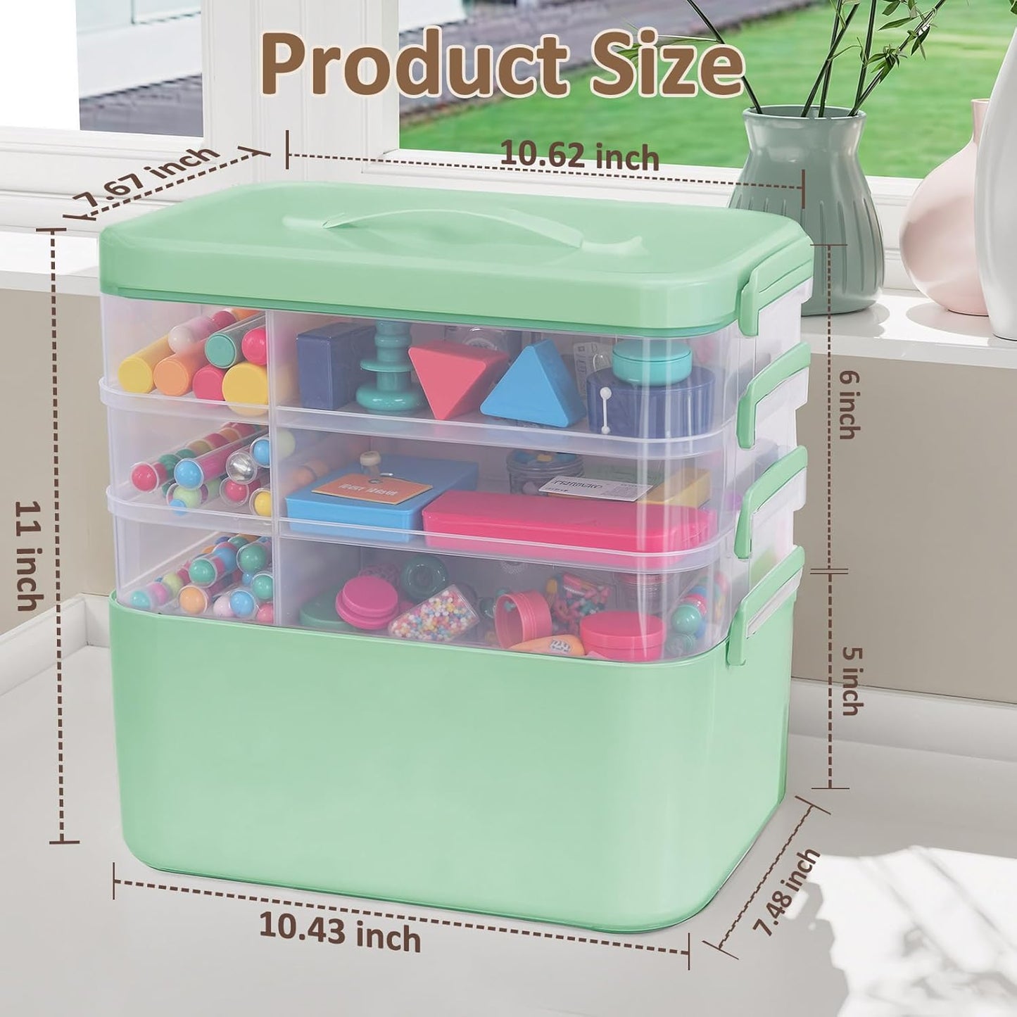 3-Layer Plastic Craft Organizers and Storage Box with Removable Trays, Storage Containers with lids and Handle, Art Supply Storage Organizer for Bead, Ornament, Nail Polish, Tape（10.62"x9"x7.67"）