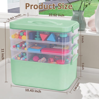 3-Layer Plastic Craft Organizers and Storage Box with Removable Trays, Storage Containers with lids and Handle, Art Supply Storage Organizer for Bead, Ornament, Nail Polish, Tape（10.62"x9"x7.67"）