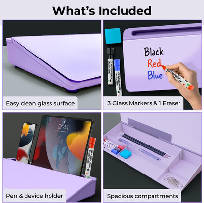 Chalkola Pink Glass Desktop Whiteboard with Storage - Dry Erase Board, Work Desk Organizers, Computer Keyboard Stand, Home Office Desk Accessories, Workspace Desktop Buddy