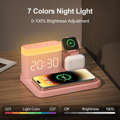 ANJANK Wireless Charging Station,5 in 1 Multiple Charger Stand with Alarm Clock,7 Night Light,Magnetic Charging Dock for iPhone 17 16 15 14 13 12 Pro Max Plus,Apple Watch 11/10/9/8,for Airpods,Bedroom