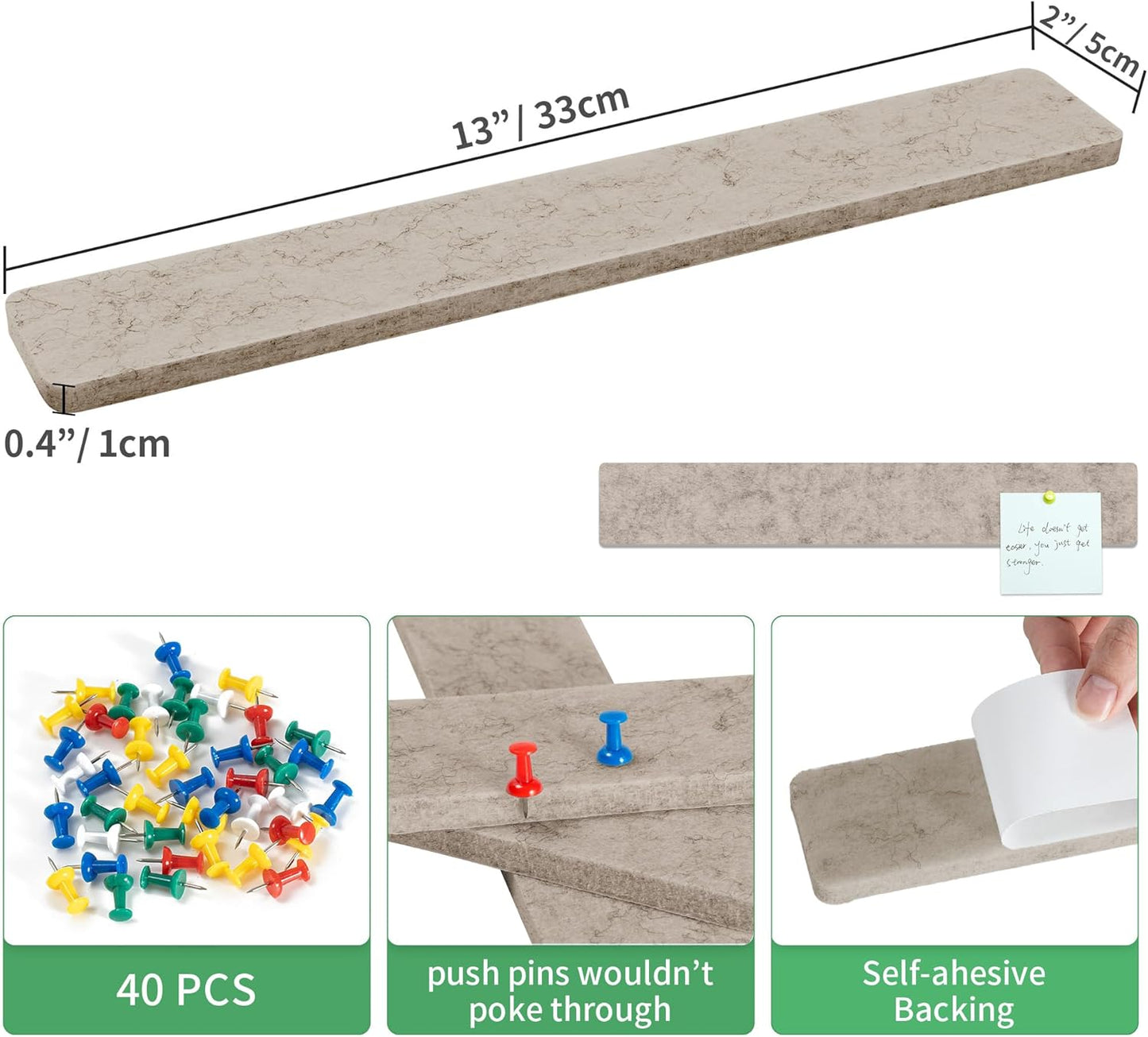 Cork Board for Walls - 8 Pack Felt Pin Board Bar Strips - Self-Adhesive Lightweight Bulletin Board - Cork Board for Office with 40 Push Pins No Damage for Wall