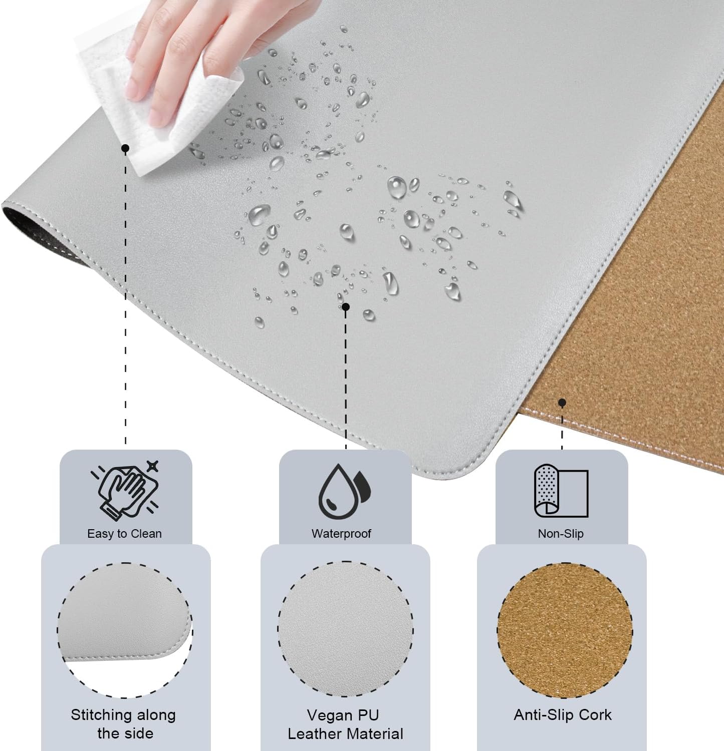 Non Slip Desk Mat, 31.5" x 15.7" PU Leather Desk Pad, Cork Desk Mat for Desktop, Desk Pad for Keyboard and Mouse, Ideal for Office and Home, Black