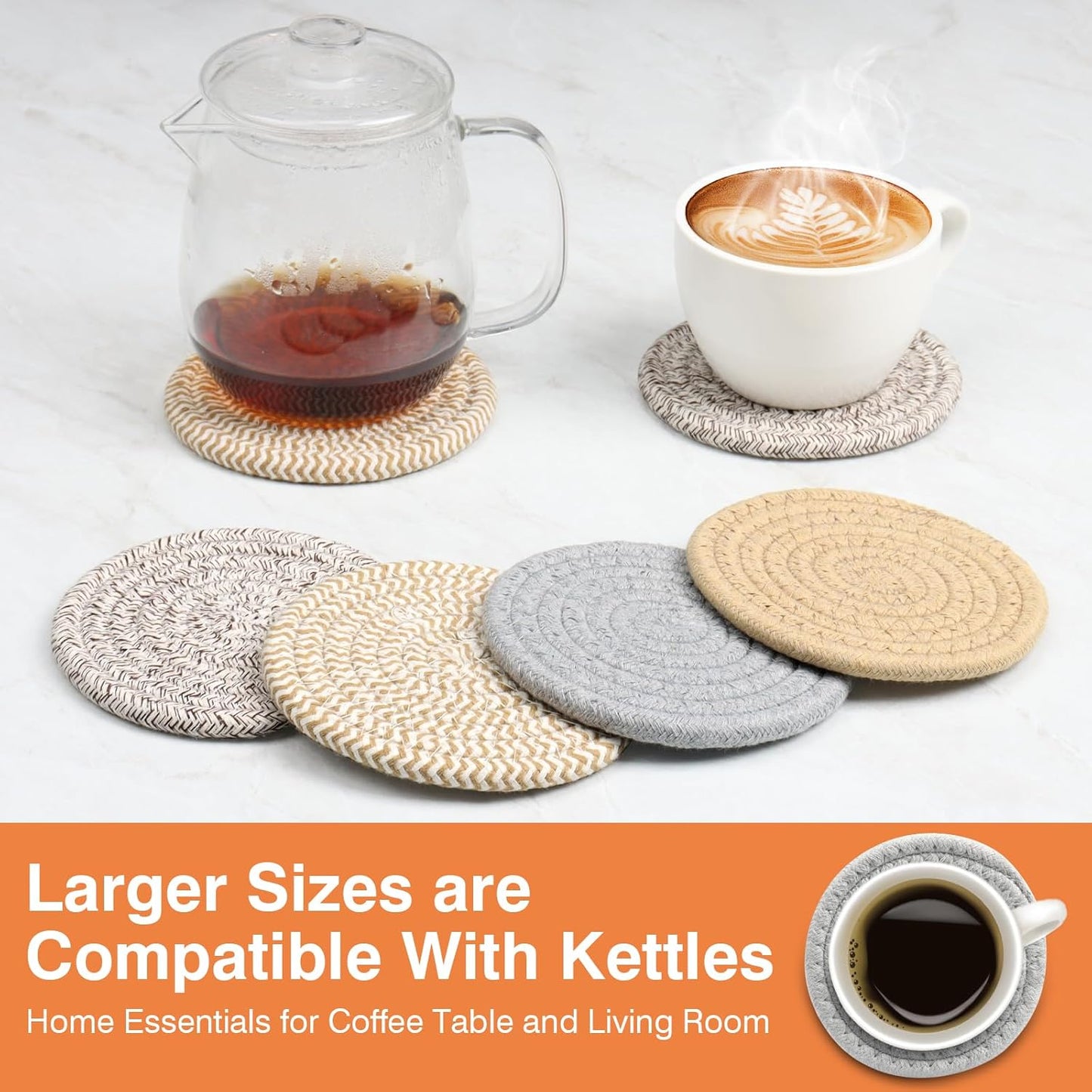 4.8" Drink Cotton Coasters Set of 2 – Boho Woven Drink Pads for Coffee & Tea, Neutral Sandstone Blend Fabric Cup Mats for Desk, Table, Nightstand, Dorm, Giftable Absorbent Coaster Set (Latte)