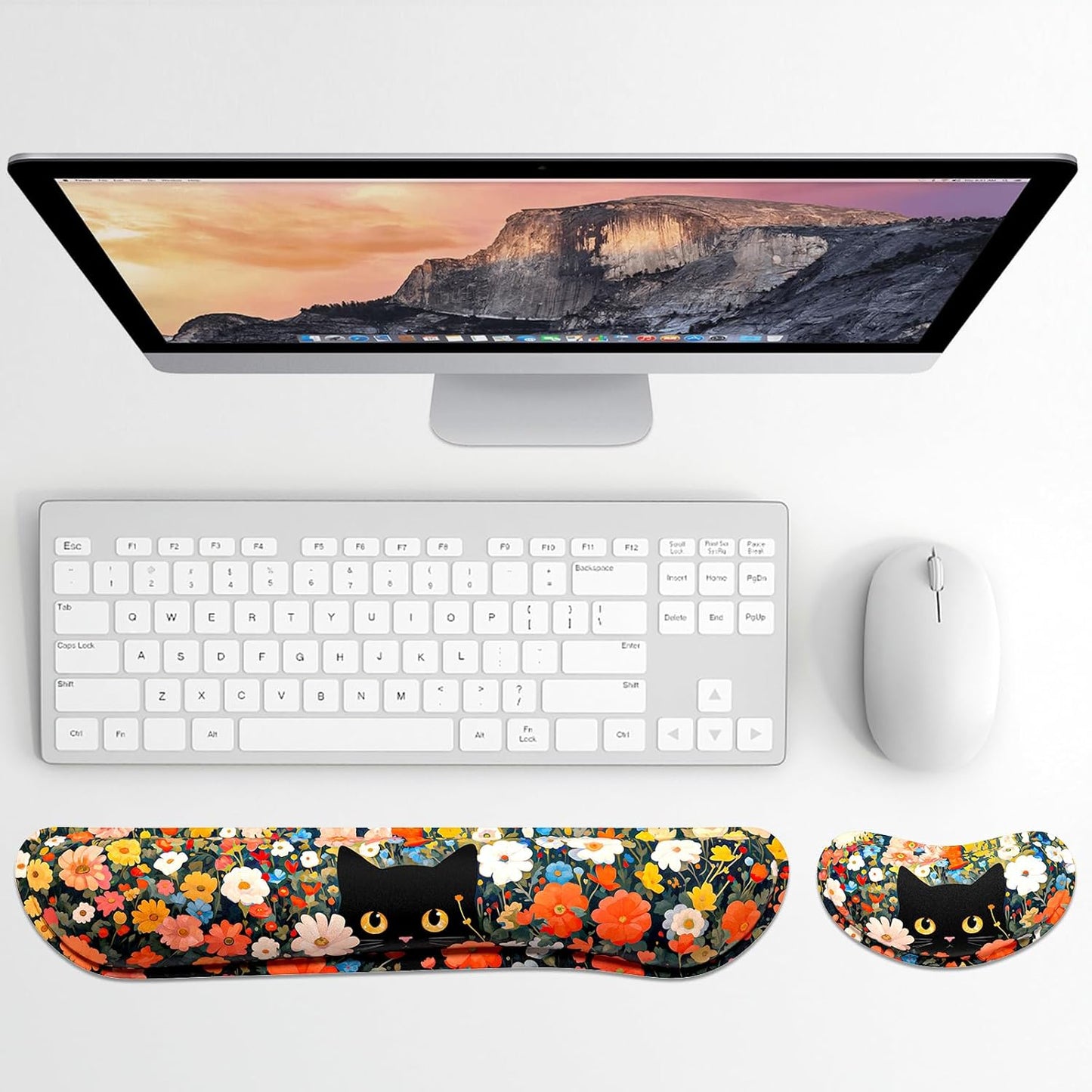 Dapesuom Enlarge Keyboard Wrist Rest, Memory Foam Wrist Cushion for Desk Mat Support, Cute Pain Relief Keyboard Mouse Pad Rests Set with Non-Slip Base for Gaming Laptop Office Computer, Elegant Flower