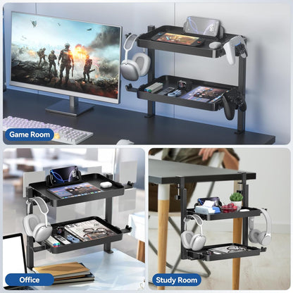 KDD Clamp On Desk Organizer - Adjustable 2-Tier Above or Under Desk Shelves with Large Capacity Tray, Phone & Tablet Holder, Headphone Hook - No Drilling Desktop Storage for Office & Home Accessories