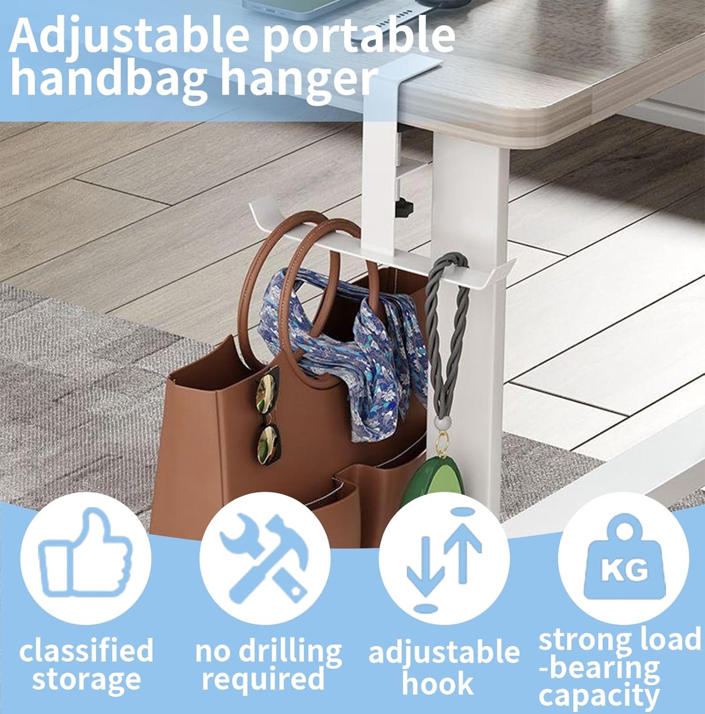 Adjustable Purse Hook for Table, Single Bag Hanger for Desk, Restaurant, Bar - Strong Metal Purse Holder for Handbags, Totes, Shopping Bags (0.62-2.36 Inch Clamp Range)