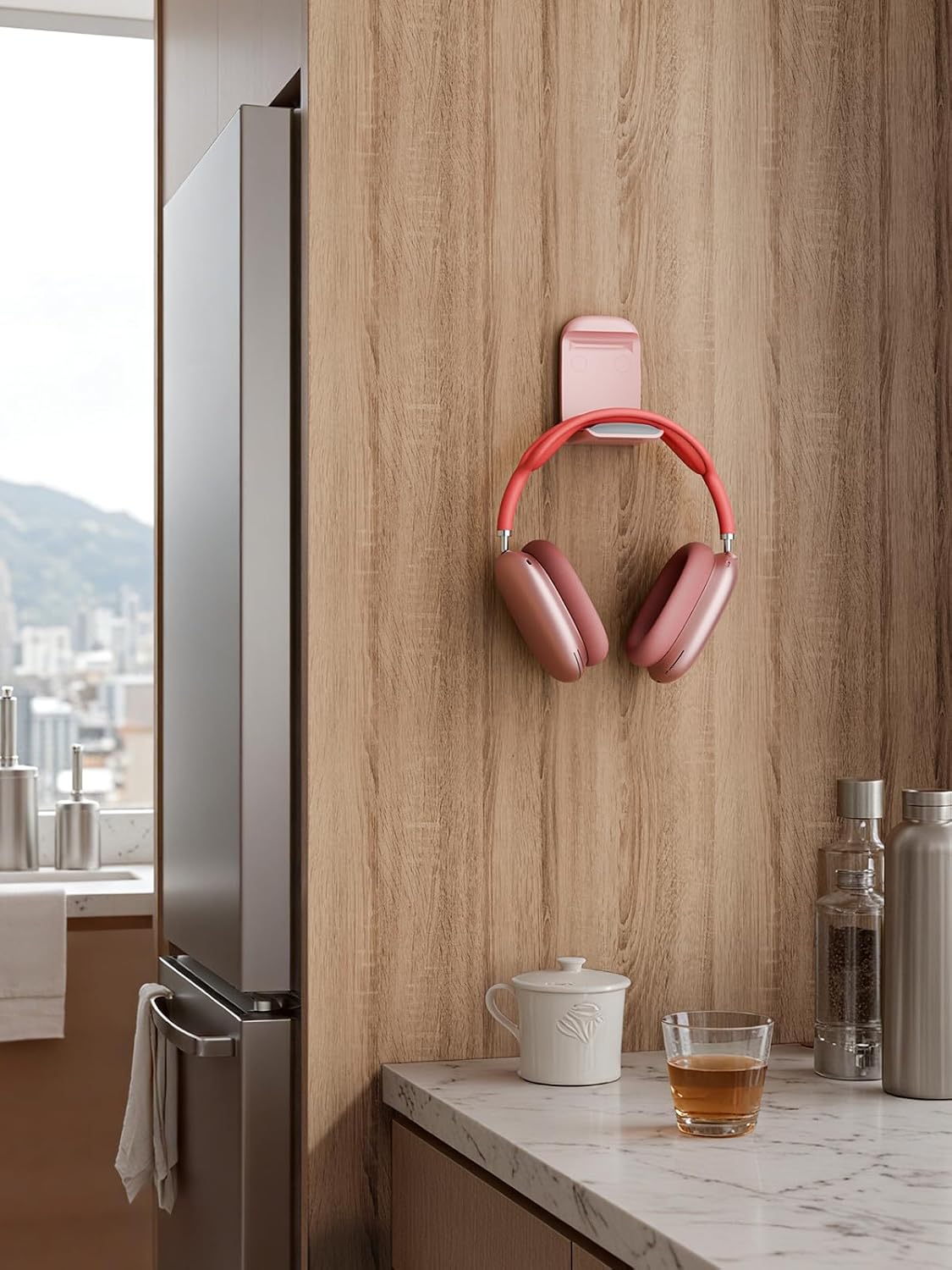 MAMUVIMO Headphone Stand, Headset Stand Foldable ＆ Sticky, Headphone Holder Hook Mount with Non-Slip Silicone, Adhesive Earphone Desk Hanger Clip Space-Saving for Airpods Max, All Earphones- Pink