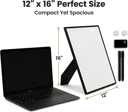 Magnetic Dry Erase Board 12x16 with Foldable Stand, Portable Gold Desktop Whiteboard for Home, Office, School & Kitchen, Includes Weekly & Monthly Magnetic Planner Sheets