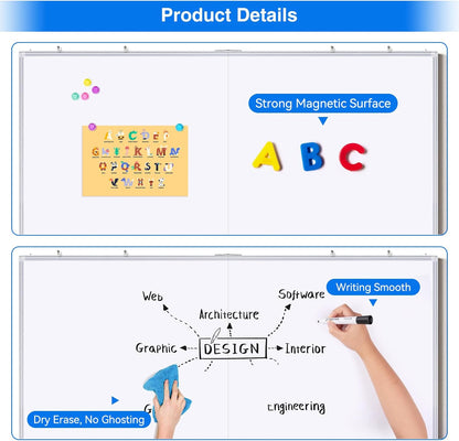 Magnetic White Board Dry Erase Board for Wall，72" x 40" Wall-Mounted Aluminum Frame Marker Board, Foldable Portable Whiteboard with a Long Pen Tray for School, Classroom, Office & Home