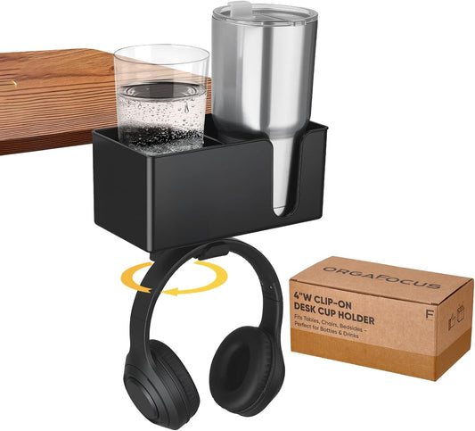 4-in-1 Clip On Desk Cup Holder, Fits up to 40oz cups - Mountable Holder with Adjustable Divider & 360° Rotating Hook - No Spill Clamp On Drink Holder Attachment - for Desk Chair Table Bed Tray - Black