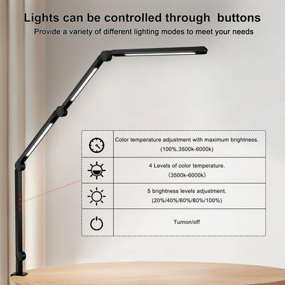 LED Desk Lamp with Clamp & Flexible Arm - 3 Light Sources, 4 Color Modes & 5 Brightness Levels, Eye-Caring Table Light with Memory Function