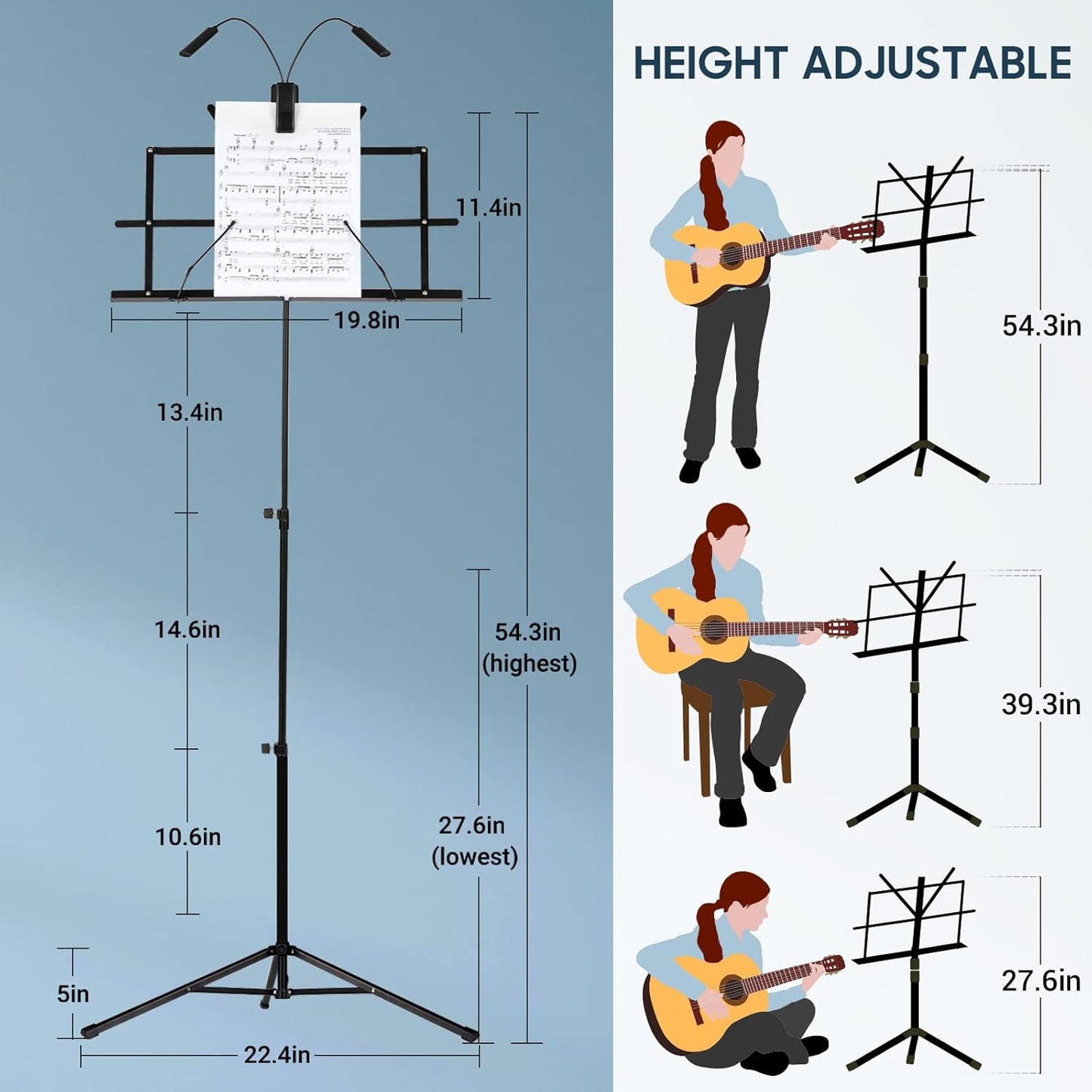CAHAYA Portable Sheet Music Stand: Dual Use Desktop Book Holder Folding Lightweight Extra Stable Reinforced with Carrying Bag and Clip for Students Musicians Height Adjustable up to 54.3" CMS0204