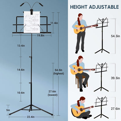 CAHAYA Portable Sheet Music Stand: Dual Use Desktop Book Holder Folding Lightweight Extra Stable Reinforced with Carrying Bag and Clip for Students Musicians Height Adjustable up to 54.3" CMS0204