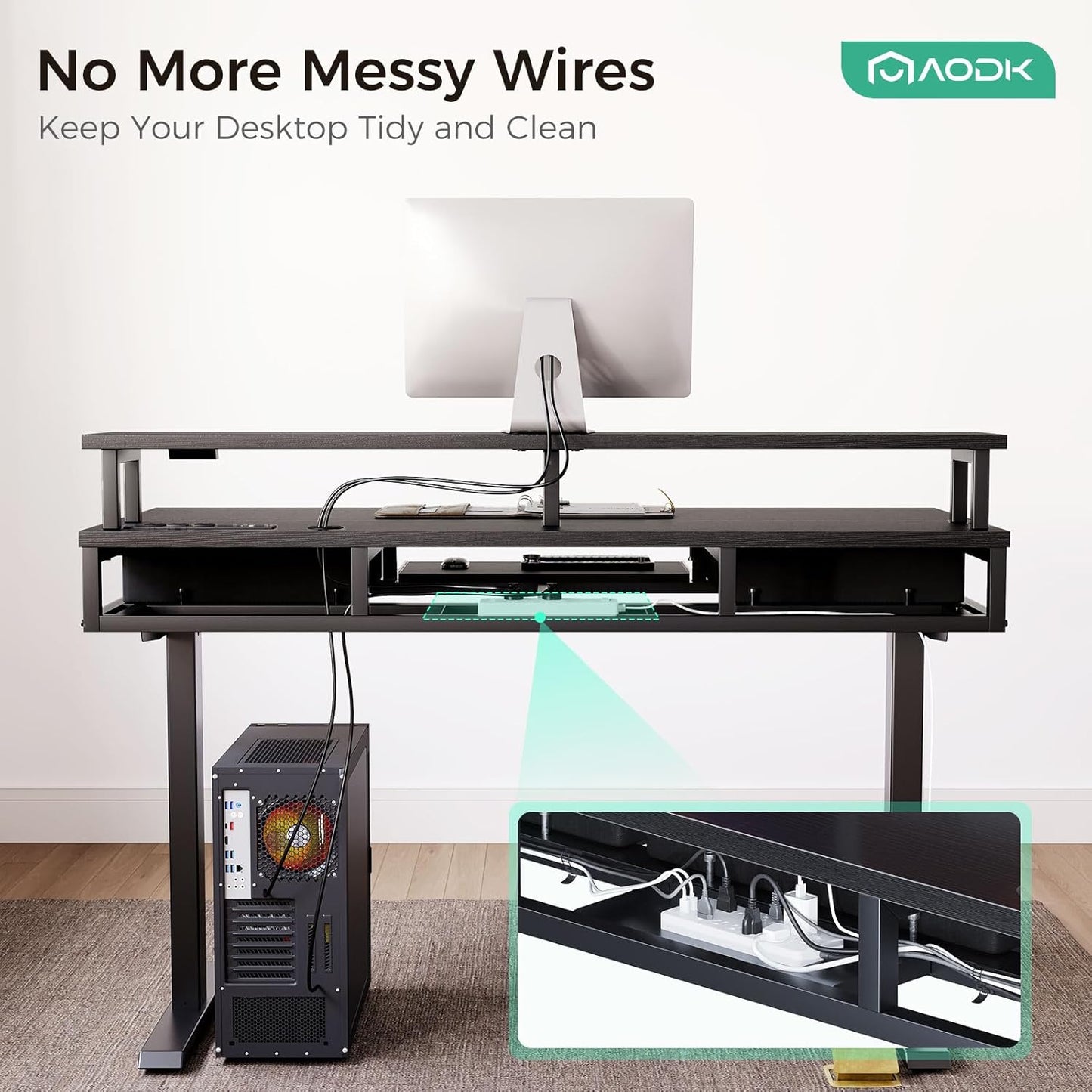 AODK Electric Standing Desk with Drawers & Keyboard Tray, 55 Inch Height Adjustable Gaming Desk with Power Outlets & LED Lights, Sit Stand Table with Monitor Stand for Home, Office, Rustic Brown